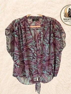 a.n.a Sheer V-Neck Blouse M Purple Teal Abstract Print Tie Front Boho Top